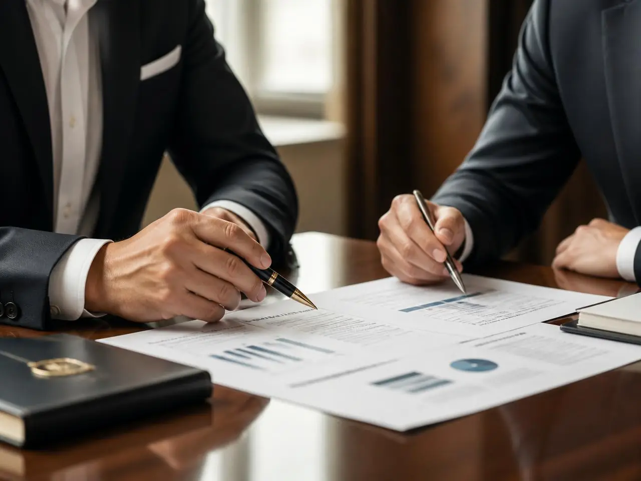 Executives reviewing business documents at a boardroom table