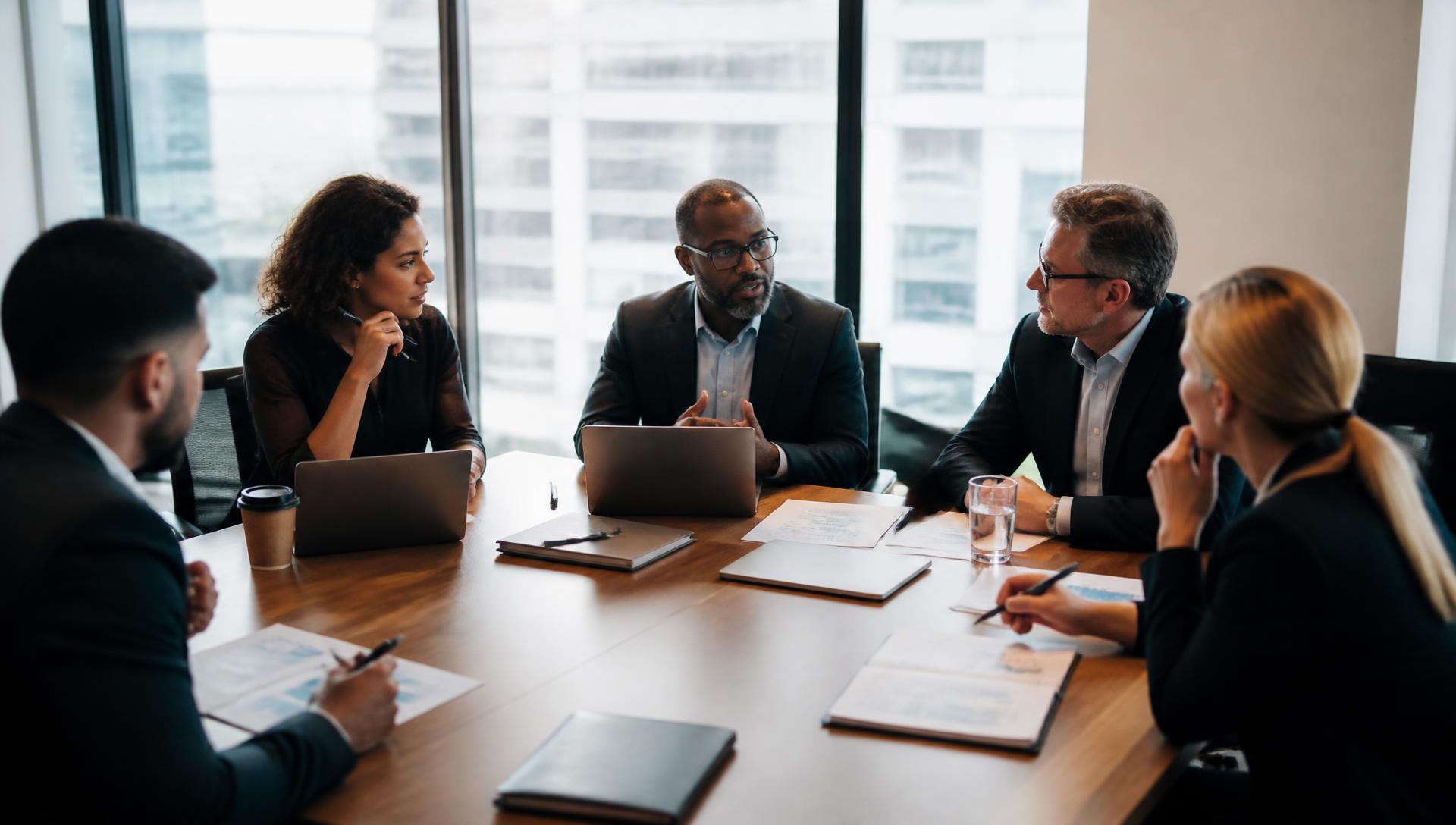 Leadership team in a strategy session around a boardroom table