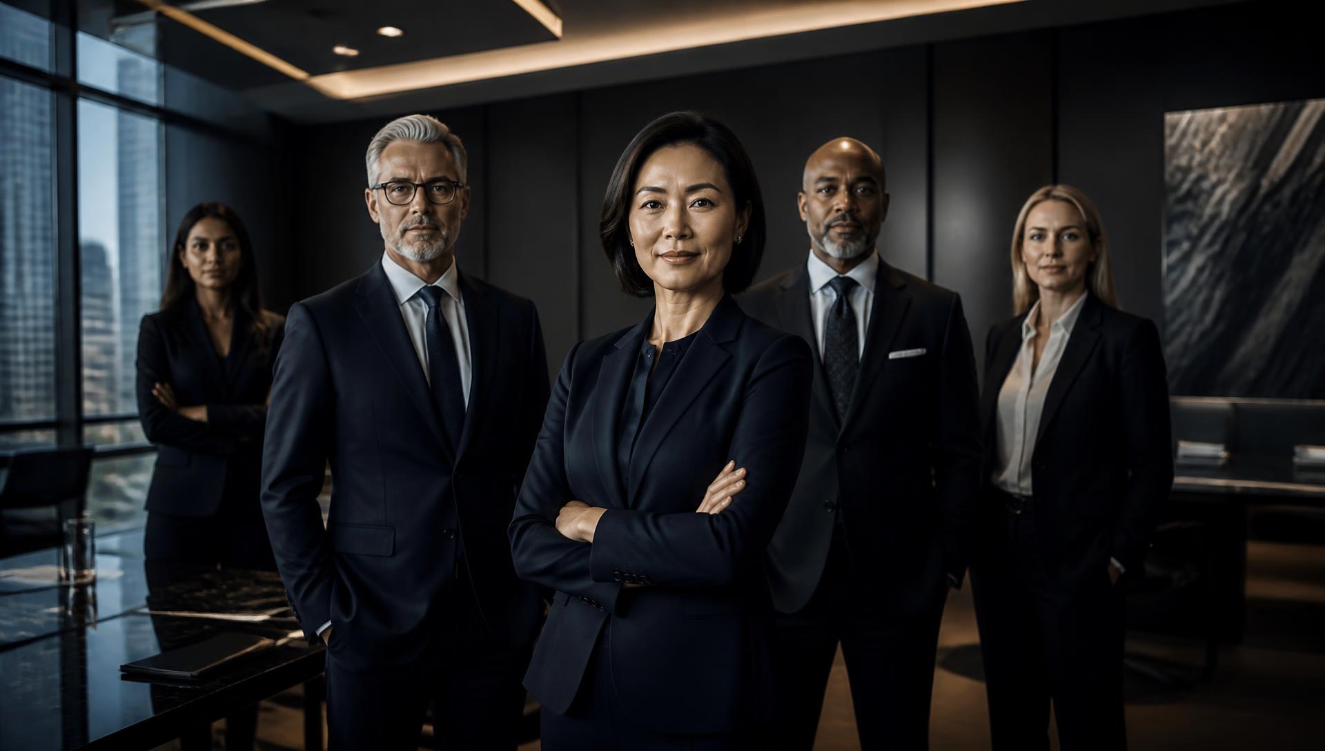 Senior executives standing in a modern corporate boardroom