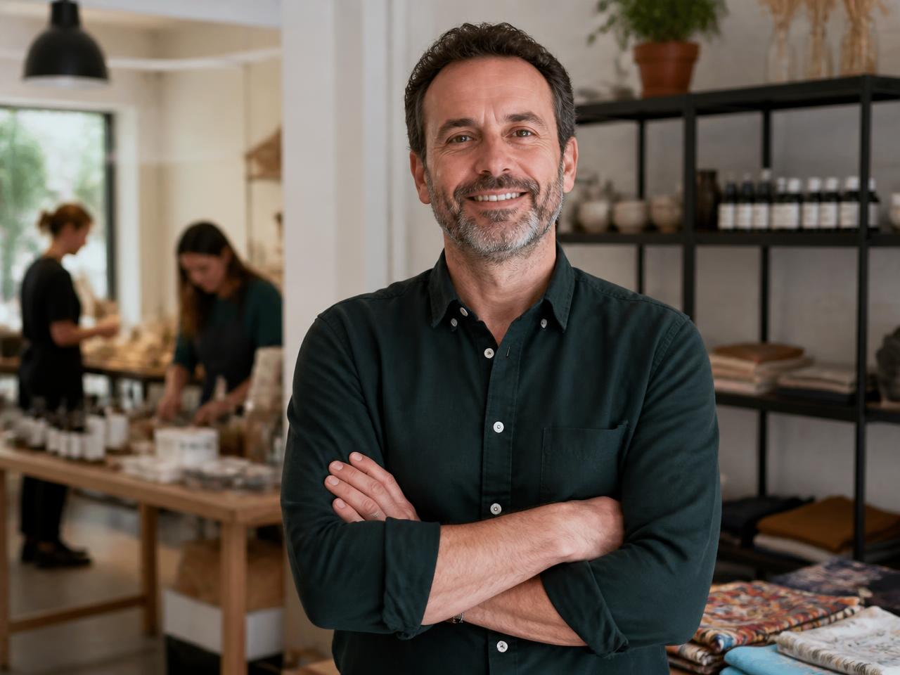 Shop owner standing in their organised workplace while staff serve customers behind them