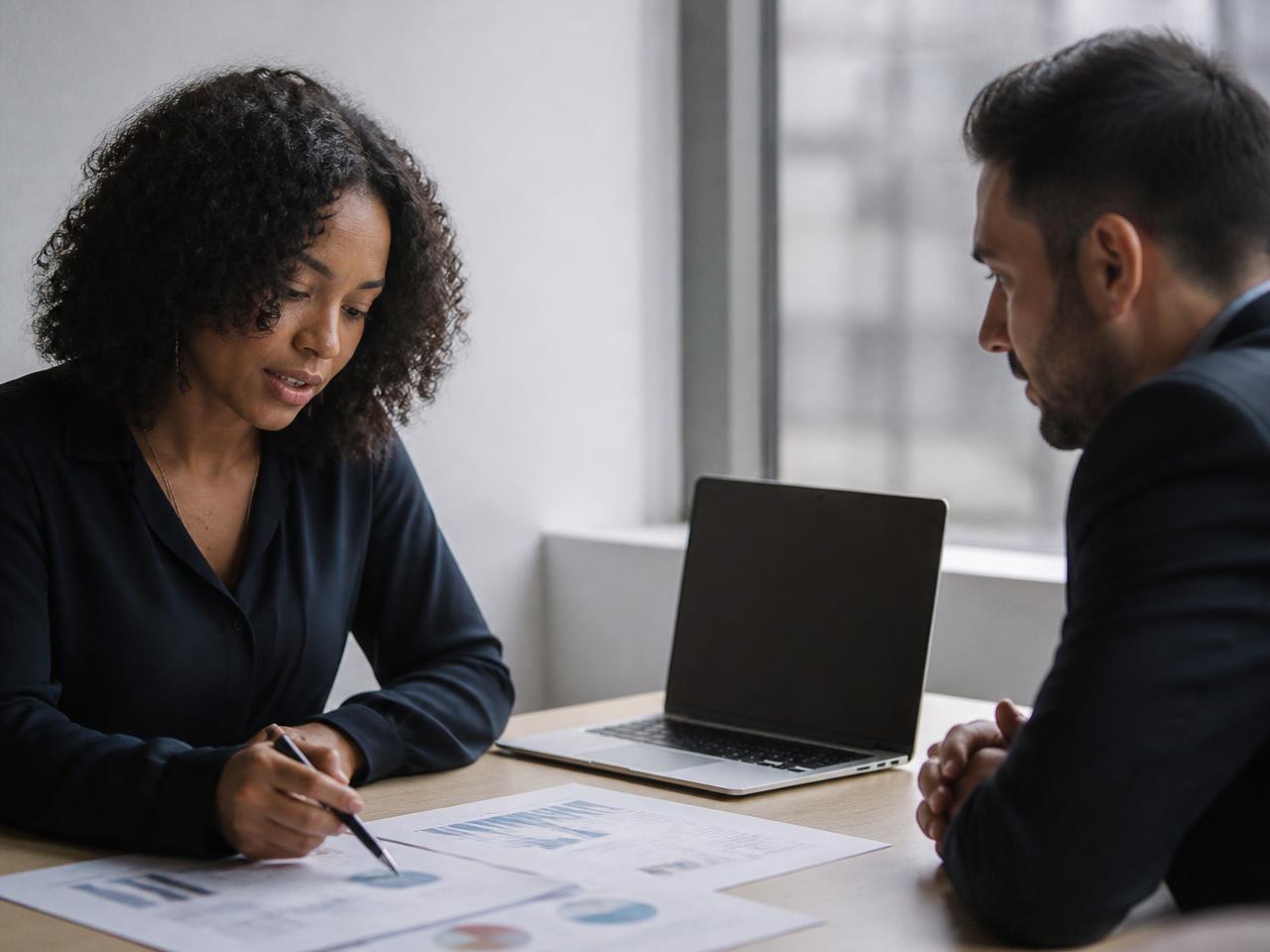 Manager and staff member reviewing performance appraisal documents at a desk