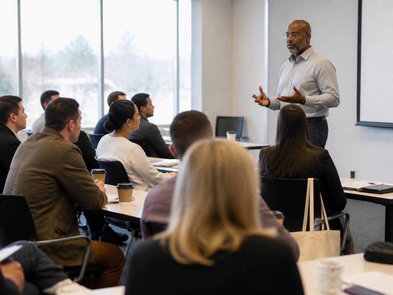 Trainer leading a professional staff training session with attendees taking notes