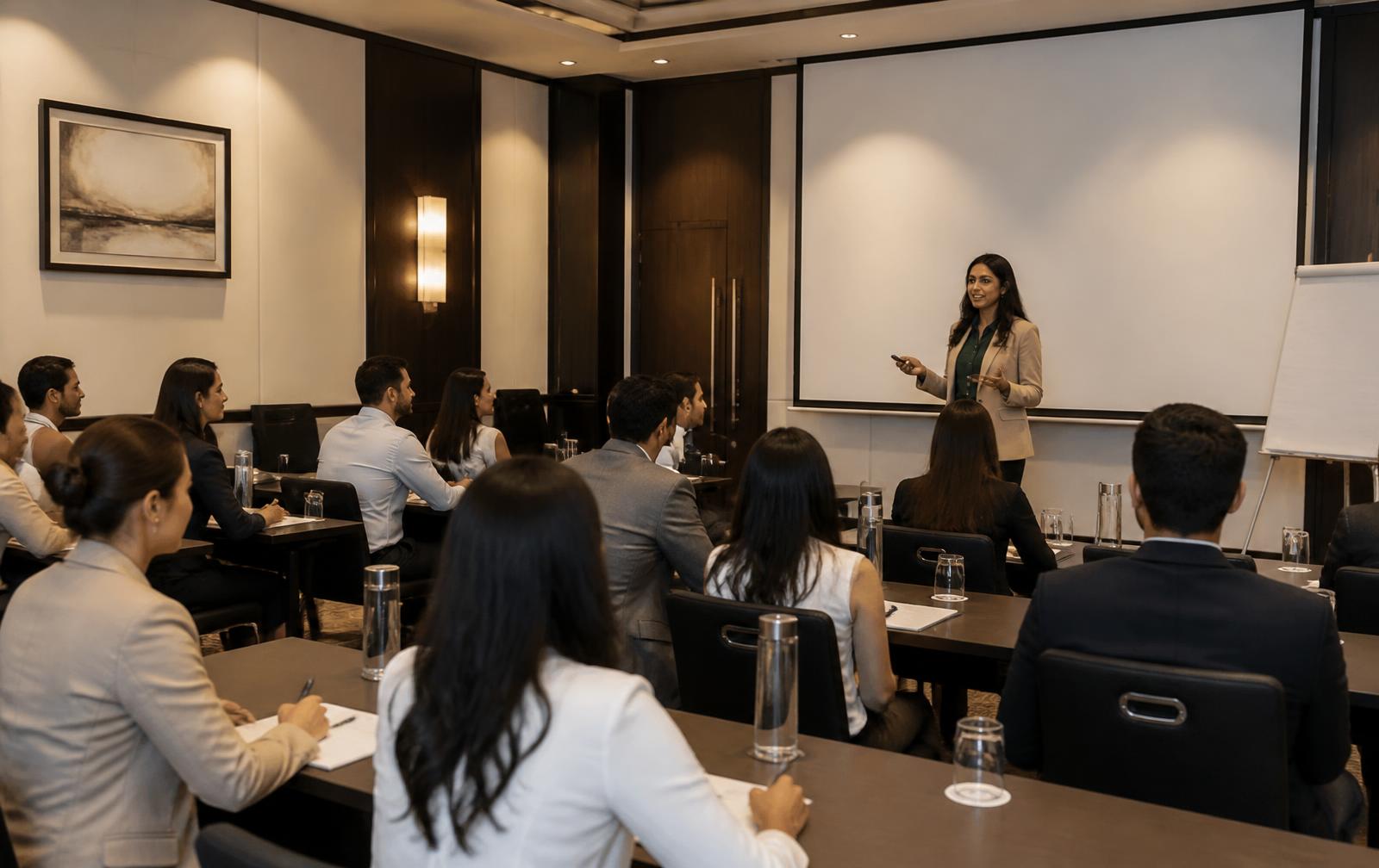 Professional staff training session in a corporate seminar room